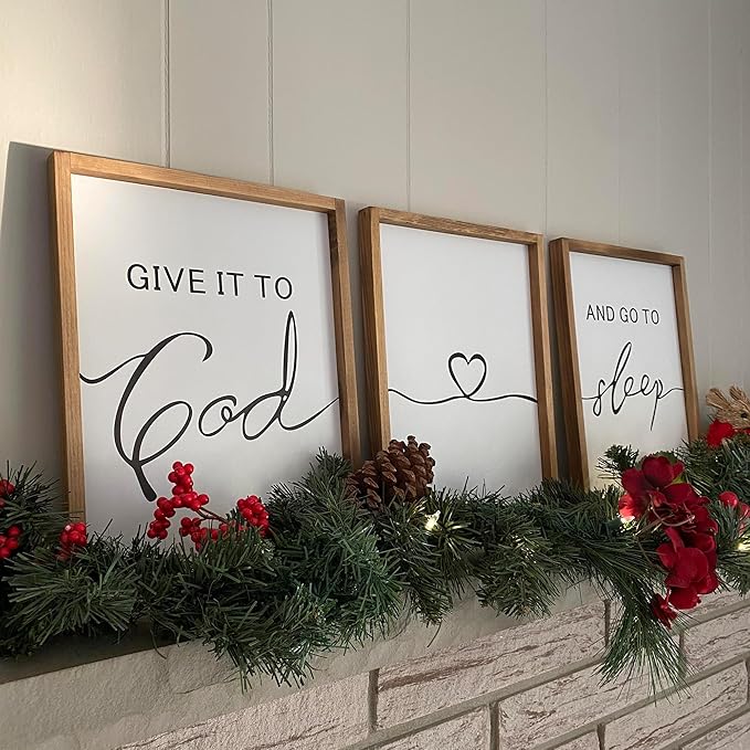 Set of 3 Framed Farmhouse Give it to God and Go to Sleep Signs 11x14” Above Bed Wall Decors for Bedroom Wood Signs (11x14 inches, Brown)