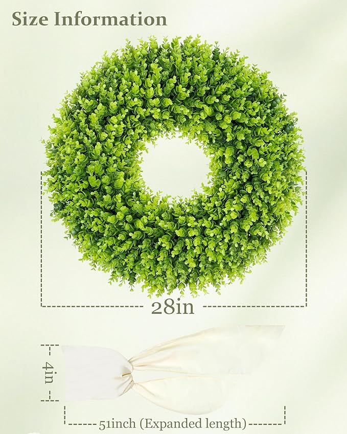 DDHS 28 inch Boxwood Wreath, Artificial Large Spring Wreaths for Front Door with Yellow Sash can DIY Shaped, Summer Wreaths for Hanging in the Shop, Farmhouse, Roof Green Everyday Wreath Home Decor