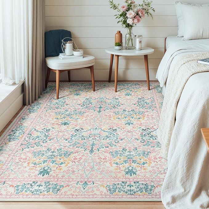 Lessymo Floral Washable Area Rugs 6x9, Soft Pink Rugs for Living Room Bedroom Nursery Dining Room, Vintage Carpet Mat Low Pile Non Slip Stain Resistance Distressed Retro Indoor, Pink Green