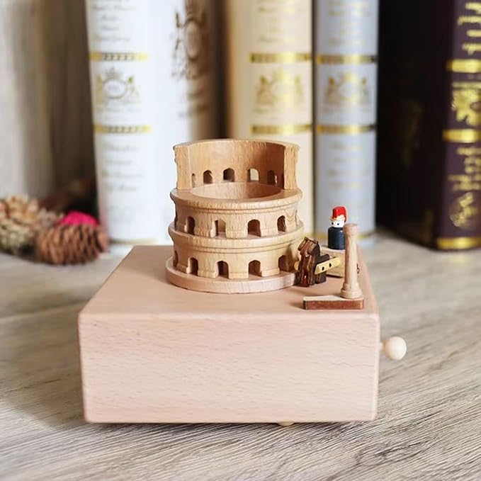 Natural Solid Wood Handcrafted Beech Wooden, Musical FigureTotoro/Carousel/Fairy/Ballerina Figurine,Rotating Hand Crank Mechanism Music Box,Musical Decorations (Colosseum)