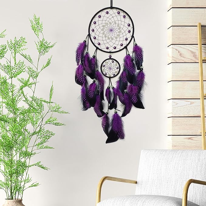 Purple and Black Dream Catcher Wall Decor Feather Dream Catchers with Luminous Bead Handmade Dreamcatcher Wall Hanging Ornament for Bedroom Living Room Home Decor