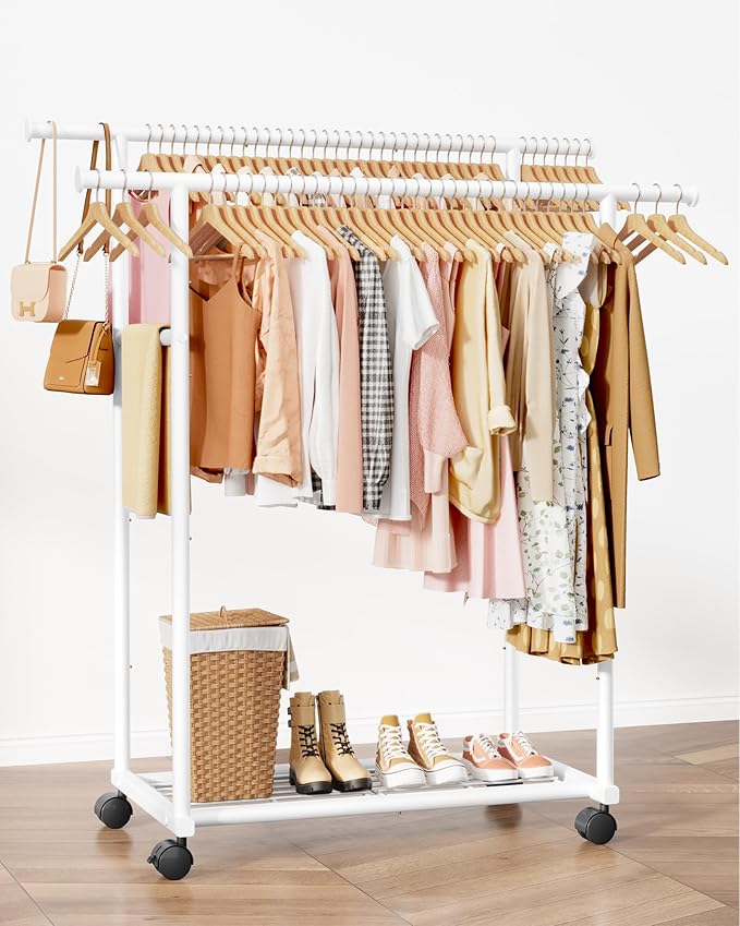 Metal Clothes Rack - Double Rod Clothing Rack with Fixed Design and Rolling Wheels, Coat Rack with Built-In Shelf for Closet Organizers and Storage (38.5" x 16.9" x 59.0", White)