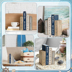 Lineshading 4 Pcs Summer Lake House Decor Stacked Wooden Block Set with Lake Life Boat Rides Fishing Sunshine Blue White Summer Table Decor Wooden Book Signs for Fishing & Boating Lovers Gifts