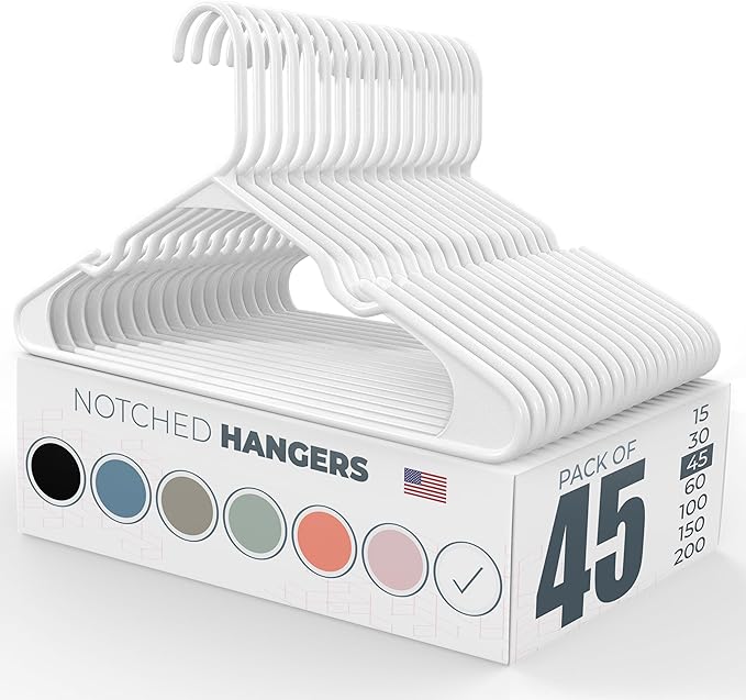 Neaties Plastic Hangers 45 Pack – Made in The USA – 6lb Capacity Standard Clothes Hangers with Notches and Reinforced Edges for Dresses, Lingerie, Shirts, Pants, and Jackets – White