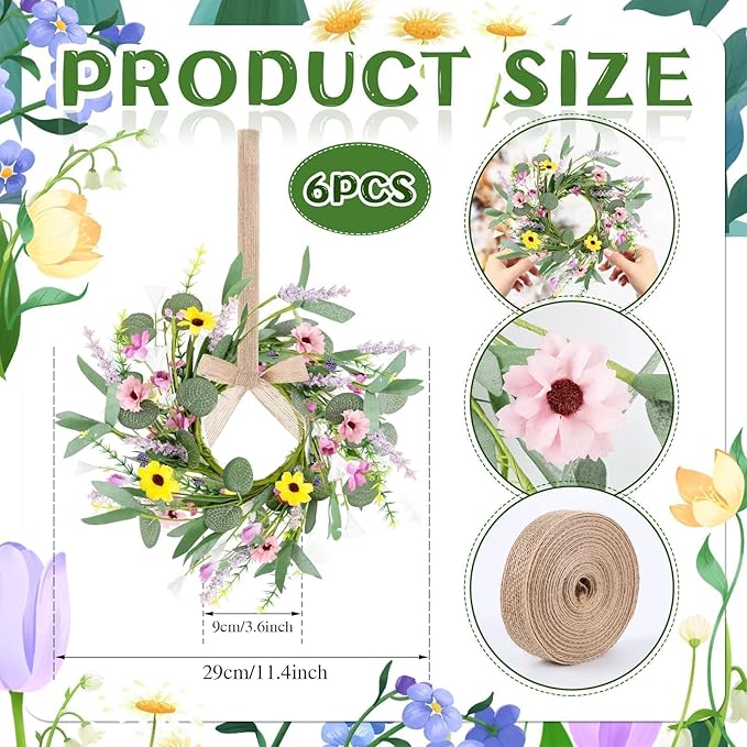 6 Pcs 9" Small Summer Wreath for Kitchen Cabinet Floral Candle Rings Wreaths Wildflower Wreath with Ribbon for Pillars Front Door Porch Wall Window Farmhouse Party Home Indoor Decor