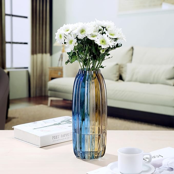Christmas Flower Glass Vase Blue Gold Two-Toned Floreros Unique Decorative Vase 12.0" Vases Decorations for Centerpieces, Home Decor,Bouquet,Holiday Table