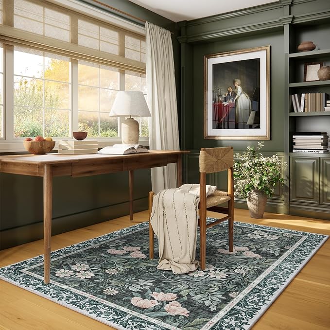 Vintage Floral with Ornate Border Washable 4x6 Area Rug, Soft Low Pile Carpet for Living Room, Dining Room Under Table, Bedroom | Non-Slip, Stain Resistant & Durable