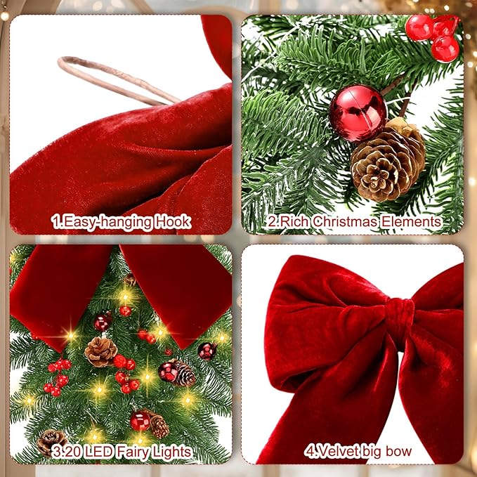Yunlly 24" Pre Lit Christmas Teardrop Swag Battery Operated Christmas Red Bowknot Swag with Lights, Pine Cones, Pine Branches, Xmas Wreath Garland Ornament for Indoor Outdoor Home Hanging Decor