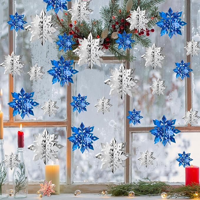 OuMuaMua Winter Christmas Snowflake Decorations Indoor, 24PCS 3D Silver Blue Snowflakes Christmas Hanging Ornaments for Home Xmas Xmas Holiday Winter Wonderland New Year Party Decor Supplies