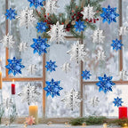 OuMuaMua Winter Christmas Snowflake Decorations Indoor, 24PCS 3D Silver Blue Snowflakes Christmas Hanging Ornaments for Home Xmas Xmas Holiday Winter Wonderland New Year Party Decor Supplies