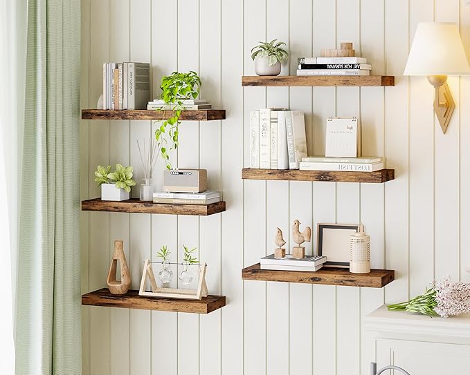 Fixwal 15.7in Floating Shelves, Set of 6 Wood Shelves, Farmhouse Shelf Wall Decor for Bathroom, Bedroom, Living and Kitchen Room (Rustic Brown)