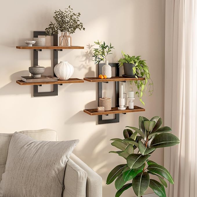 HOOBRO Floating Shelves, 15 Inch Wall Shelf Set of 2, Wall Mounted Storage Shelves 2-Tier, Hanging Bathroom Shelves, for Living Room, Bedroom, Bathroom, Kitchen, Rustic Brown and Black BF32BJ01G1