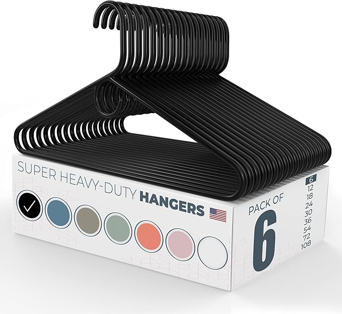 Neaties Super Heavy Duty Clothes Hangers 6 Pack – Made in the USA - 10lb Capacity, Thick Plastic Hangers for Pants, Coats, Jackets, Jeans and Adult Clothing – Black