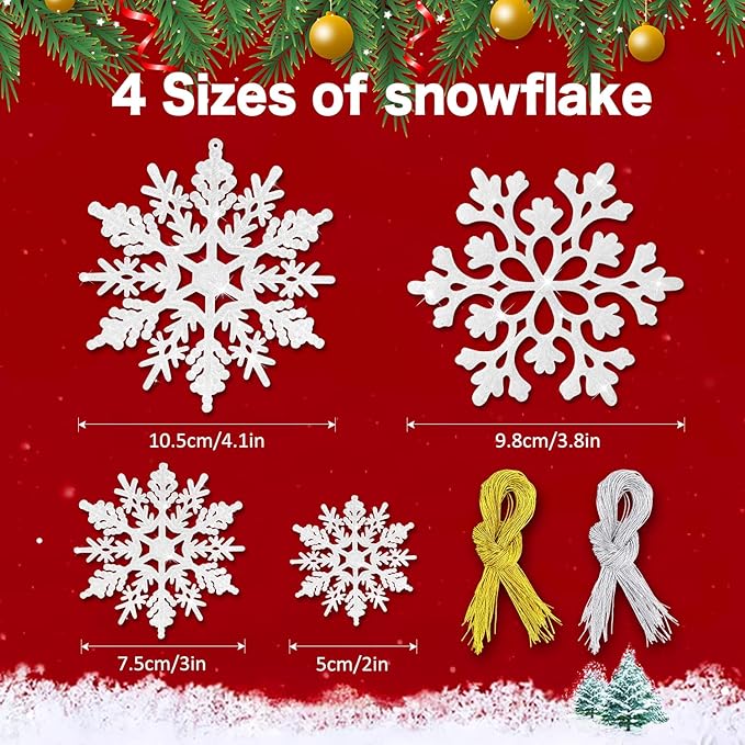 46Pcs Plastic Snowflake Ornament Christmas Glitter Snowflake Hanging Christmas Tree Decorations with Silver Rope for Winter Decorations Tree Window Door Accessories (White)