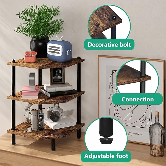 Desktop Corner Stand Shelf for Storage, 3 Tier Corner Shelf Organizer, Rustic Brown Rack for Small Spaces, Bedroom, Home Office, Kitchen, Bathroom