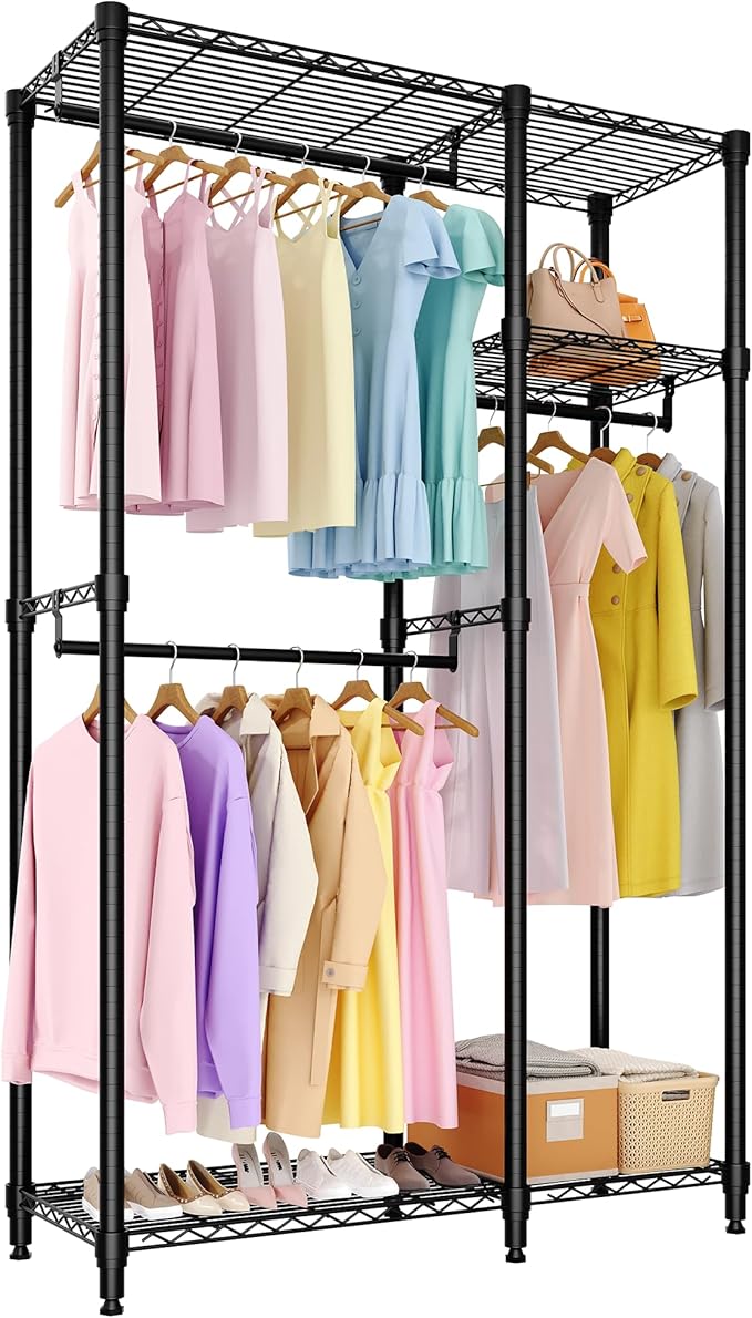 Heavy Duty Clothes Rack,Load 705LBS Garment Rack Portable Closet,Free Standing Closet Organizers and storage with Adjustable Shelves, Hanging Rods, Dividable Black 76.5"H x 41.6"L x 15.5"W