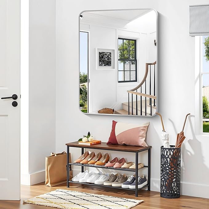 Silver Bathroom Mirror,36x48 inch Wall Mirror for Bathroom Wall Mounted,Rectangle Mirror for Bathroom Over Sink,Modern Frame Round Corner for Living Room,Bedroom Entryway,Horizontal/Vertical