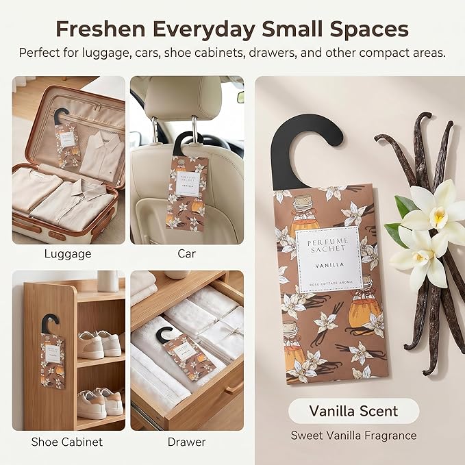 ROSE COTTAGE Large 12 Packs Vanilla Hanging Closet Air Freshener Scented Sachets Long Lasting Smell Goods