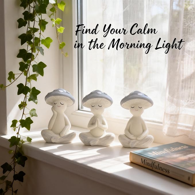 3 Pcs Mushroom Decor Figurines - Meditation Decor Statues for Living Room, Bedroom, Office - Resin Sculptures for Mindfulness Enthusiasts Home Decor Lovers Nature Lovers (Grayish White)