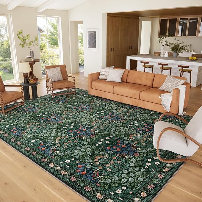 Washable Dark Green Rug for Living Room, 9x12 Large Area Rug for Dining Room, Bedroom, Soft, Low Pile, Non-Slip & Stain Resistant - Vintage Floral Design Carpet