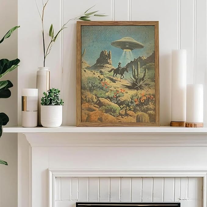 Framed Vintage Intergalactic Western Canvas Wall Art, Alien UFO Abducting Cowboy, Desert Cactus and Flowers Wall Decor, Retro Sci-Fi Poster for Living Room Bedroom – Dark Wooden Frame 8x10in