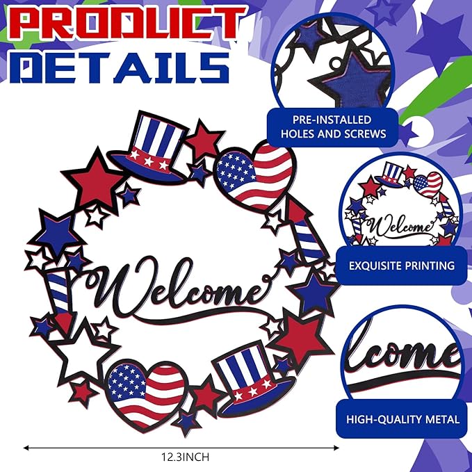 Bucherry 250th Anniversary Patriotic Metal Wreath for Front Door 12 Inch 4th of July Red White Blue Star Welcome Sign 1776-2026 Americana Independence Day Hanging Decor Vintage Rustic Porch Outdoor