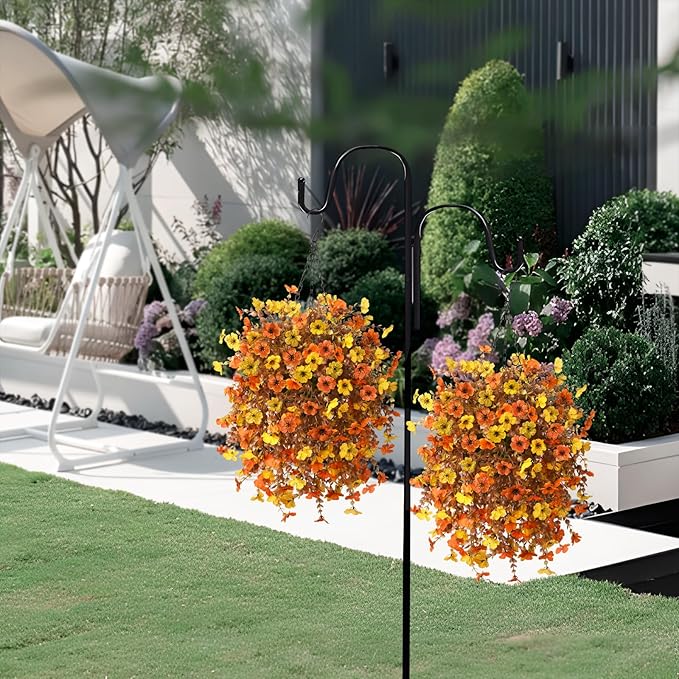 Homsunny Artificial Fsll Faux Hanging Flowers Plants Basket for Outdoor Decoration,Fake Silk Orange Mums planters UV Resistant Look Real for Home Porch Patio Yard Outside Autumn Decor (Yellow Orange)