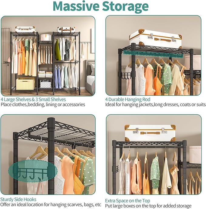 Heavy Duty Garment Rack, Portable Wardrobe Clothes Rack Freestanding Adjustable Clothing Rack with 7 Tiers Adjustable Wire Shelving and 4 Hanger Rods, Max Load 920LBS