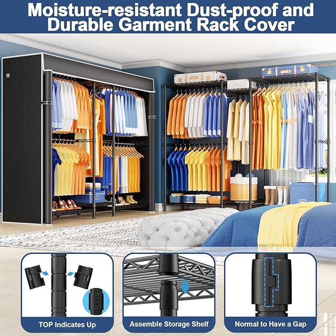 Ulif E12C Pro Heavy Duty Closet Organizer System，Freestanding Clothing Rack, Adjustable Garment Rack 71" W x 16" D x 76.5" H Holds 960 lbs, Black Rack with Black Dustproof Cover
