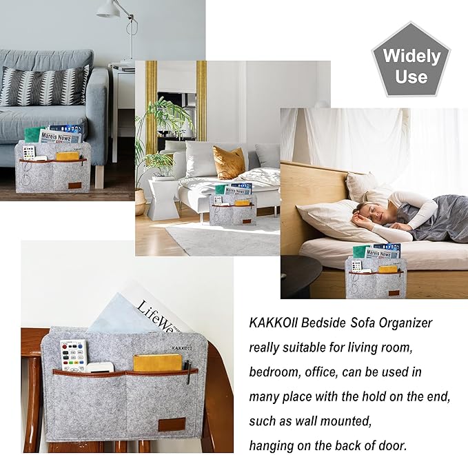 Bedside Caddy, Sofa Caddy, Storage Organizer Pocket for Dorm, Bedroom, 5 Pockets Felt Organizer for Magazine, Remote, Phone, Tablet, Pad, Glasses, Pen, Remote Control (Grey-Short)