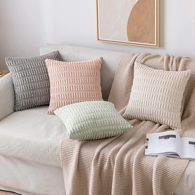 MIULEE Pack of 2 Spring Corduroy Decorative Euro Sham Throw Pillow Covers 24x24 Inch Soft Boho Striped Pillow Covers Modern Farmhouse Home Decor for Summer Sofa Living Room Couch Bed Light Green