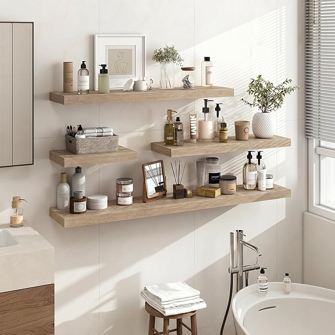 Acovy 36 Inch Floating Shelves, 3D Textured Wood Grain, 36"x9.25"x1.5" Inch Deep Floating Shelves for Wall, Wooden Shelves for Bathroom, Bedroom, Living Room, Vintage White Oak, 2 Pieces