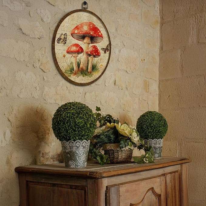 Vintage Mushroom Wildflower Wall Art Decor, Fantasy Forest Botanical Illustration,Boho Round Frame Wall Hanging Decor, Retro Botanical Canvas Prints Wall Art for Bedroom Living Room 10x10 Inch(MG05)