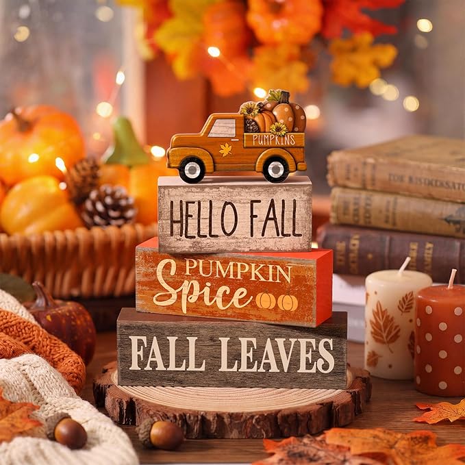 Moucuny 4 Pcs Fall Decoration for Home Fall Truck Decor Thanksgiving Tiered Tray Decor Rustic Wooden Truck Block Sign Thanksgiving Centerpiece Autumn Table Decorations for Harvest Party Kitchen Home