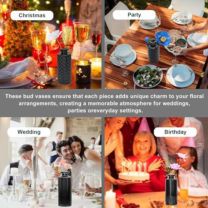 Brajttt Glass Bud Vase Set in Bulk, 9pcs Mini Vintage Flower Vases for Wedding,Black Relief Vase for Centerpieces,Home Table Flower Decor, Party Decorations
