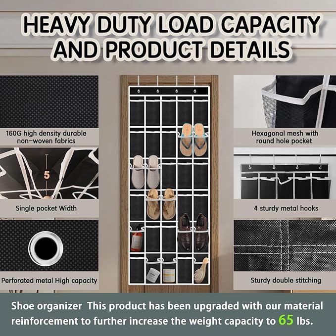 Over the Door Shoe Organizer with 30 Breathable Mesh Pockets - Large Capacity Closet Storage for Men & Women, Hanging Shoe Rack Organizer (Black, 30-Pocket)