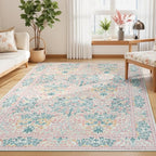 Lessymo Floral Washable Area Rugs 6x9, Soft Pink Rugs for Living Room Bedroom Nursery Dining Room, Vintage Carpet Mat Low Pile Non Slip Stain Resistance Distressed Retro Indoor, Pink Green