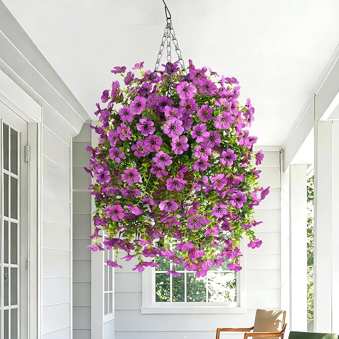 INQCMY Artificial Hanging Flowers with Basket for Spring Outdoor Decoration 3 Bunches of Silk Daisy Flower Uv Resistant for Garden Porch Patio Balcony Yard Decor (Purple2)