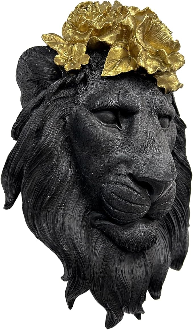 GUSFREUD Black Animal Heads Sculptures Wall Art - Resin Faux Lion for Home Wall Decor, Lion Wall Hanging Decoration for Living Room, Bedroom & Kitchen, Unique Gift Idea