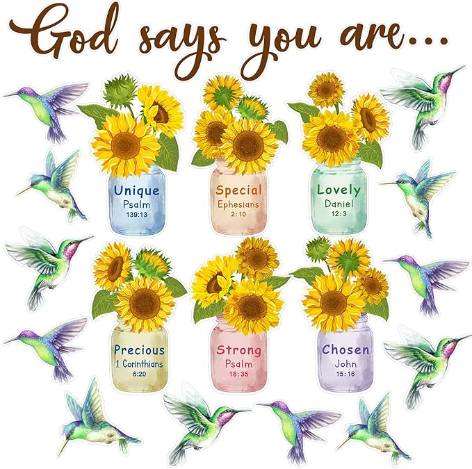 Outus 28 Pcs Sunflower Bulletin Board Set Spring Religious Bulletin Board Decorations Inspired Christian Flower Cutouts Hummingbird God Says You are Wall Art for School Classroom Teacher Kids