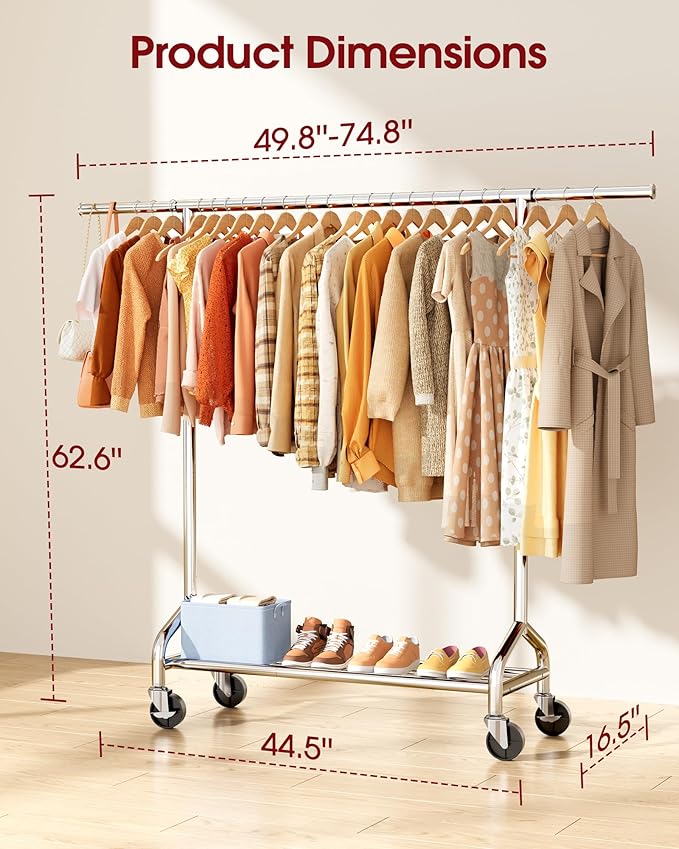 Heavy Duty Clothes Rack - Garment Rack with Extendable Side Rods & Bottom Shoe Shelf, 25mm Stainless Steel Frame with Wheels, 49.8–74.8'' x 62.6'' x 16.5'', Silver
