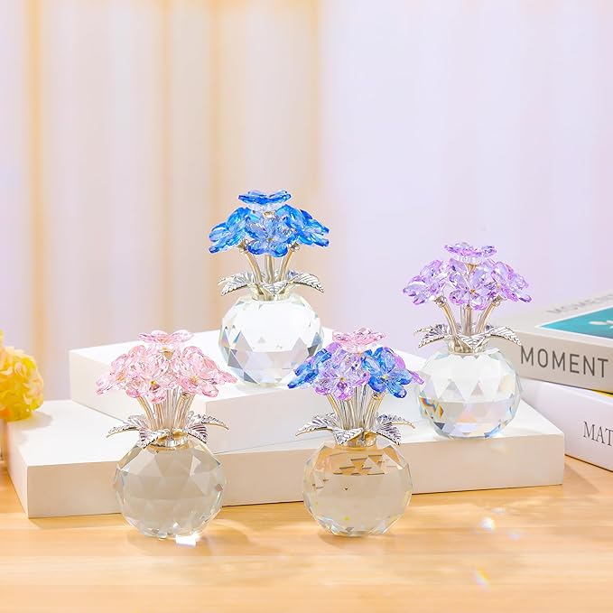 Qianwei Purple Forget Me Not Crystal Flowers - Sympathy Glass Flowers Collectible Figurines Decor Paperweight Ornament Home Office Table Desk Decorations
