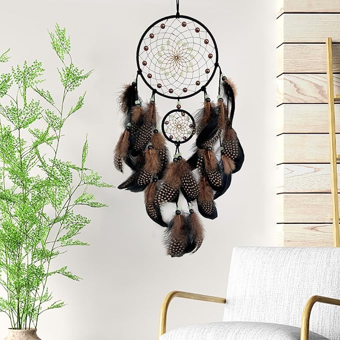 Brown and Black Dream Catcher Wall Decor Feather Dream Catchers with Luminous Bead Handmade Dreamcatcher Wall Hanging Ornament for Bedroom Living Room Home Decor