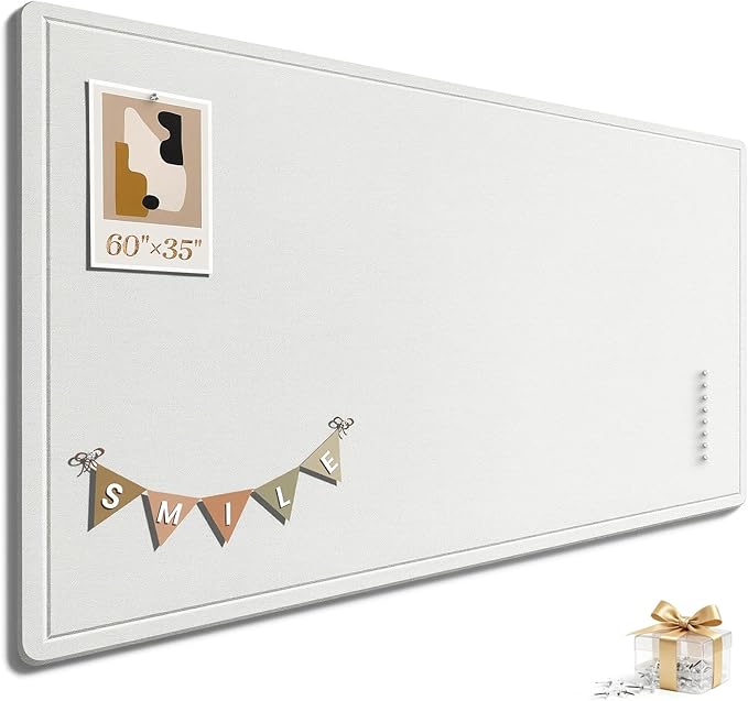 Large Bulletin Board, 60 X 35 Inches Felt Cork Board with 40 Pushpins, Foldable Felt Notice Pin Board Photo Display Board with Self-Adhesive Tape for Office Home School (White, 60x35 inch)