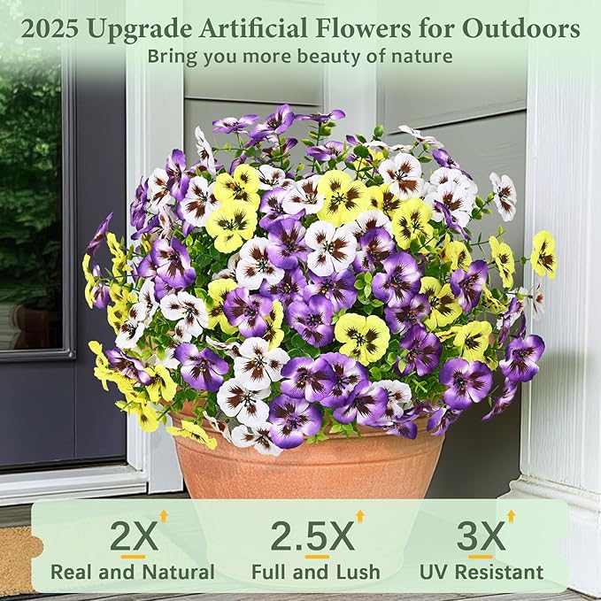 MARTINE MALL 8 Bundles Look Real Artificial Flowers for Outdoors, Realistic Fake Outdoor Flowers, UV Resistant Silk Pansy Flowers for Outside Faux Flower Plants for Outdoor Porch Garden, Mixed Colors