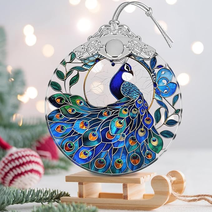 Stained Glass Suncatcher Ornament - Peacock Christmas Decorations - Christmas Ornaments for Tree - Holiday Present Ideas - Gift Exchange