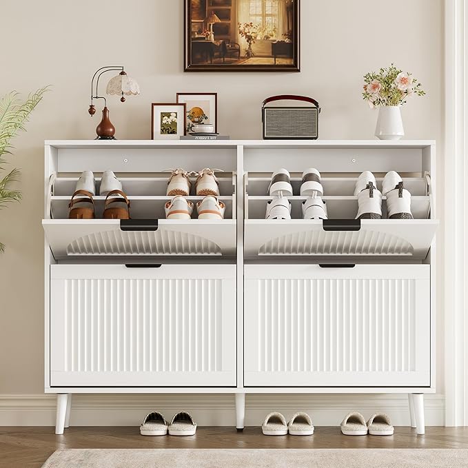 Shoe Cabinet for Entryway with 4 Flip Drawers, Slim Wooden Shoe Storage Organizer with Modern Fluted Pannel，Freestanding Narrow Hidden Shoe Rack for Hallway, Foyer, Living Room