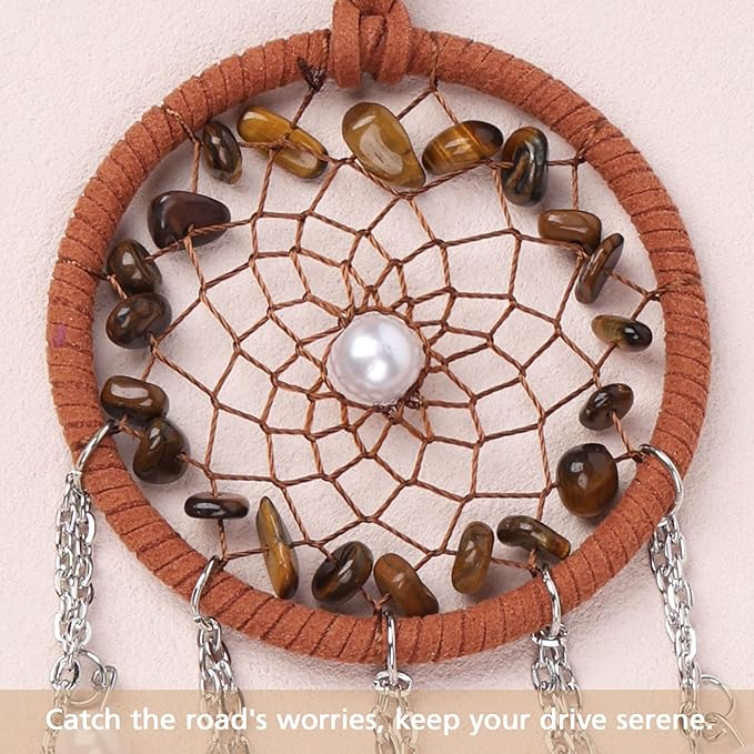 Pretty Jolly Crystal Stone Small Dream Catchers Brown Feathers Mini Dreamcatchers with Beads for Cars Rear View Mirror Hanging Decoration Good Luck Travel Charm Bedroom Ornaments for Women Girls