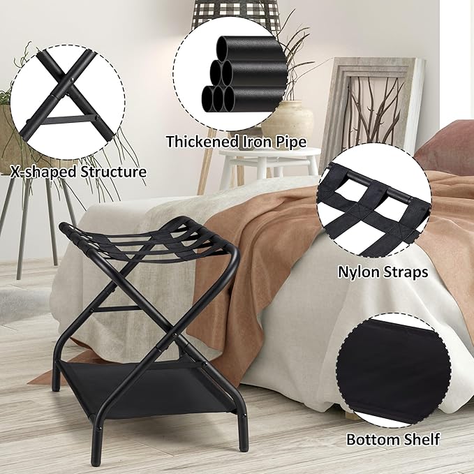 Luggage Rack Set of 2, Foldable Suitcase Stand with Fabric Storage Shelf Easy Assemble Metal Luggage Holder with Straps for Guest Room Bedroom Hotel, Black