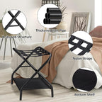 Luggage Rack Set of 2, Foldable Suitcase Stand with Fabric Storage Shelf Easy Assemble Metal Luggage Holder with Straps for Guest Room Bedroom Hotel, Black